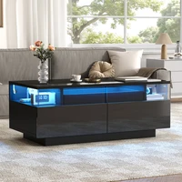 Table basse, 90×45×35,5 cm, avec plateau et éclairage LED. Table de salon haute brillance avec 2 tiroirs, structure de support en verre trempé, noir. 2