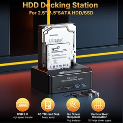 RSHTECH Hard Drive Docking Station SATA to USB 3.0 Dual Bay Adapter with SD/TF for 2.5/3.5