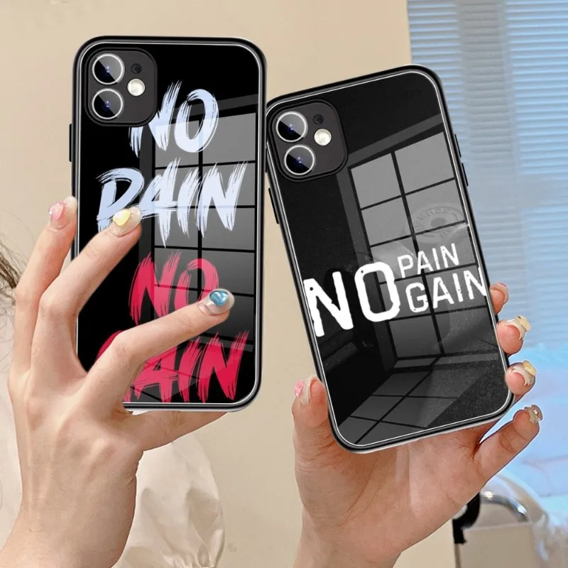 No Pain No Gain Gym Fitness Phone Case Glass 14 13 11 12 Pro 8 7 Plus X 13 Pro Max Xr Xs Mini Black Covers