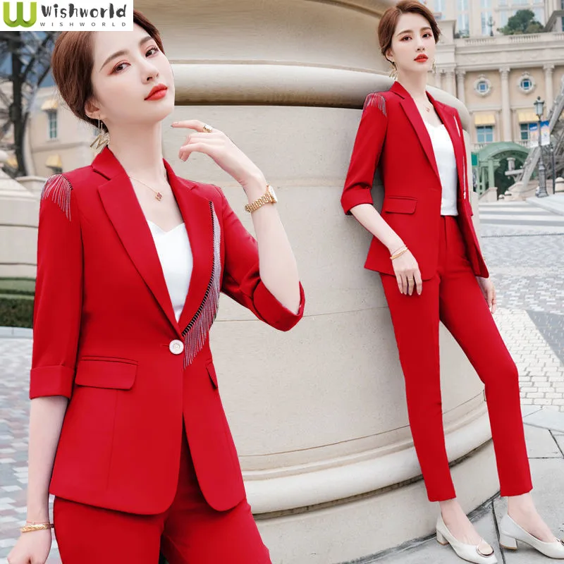 2022 New Women's Suit Korean Spring and Summer Slim Fit Fashion Medium Sleeve Small Suit Two-piece Elegant Women's Suit multifunctional maintenance toolbox ratchet wrench set 108 sleeve tool car maintenance large medium and small combination