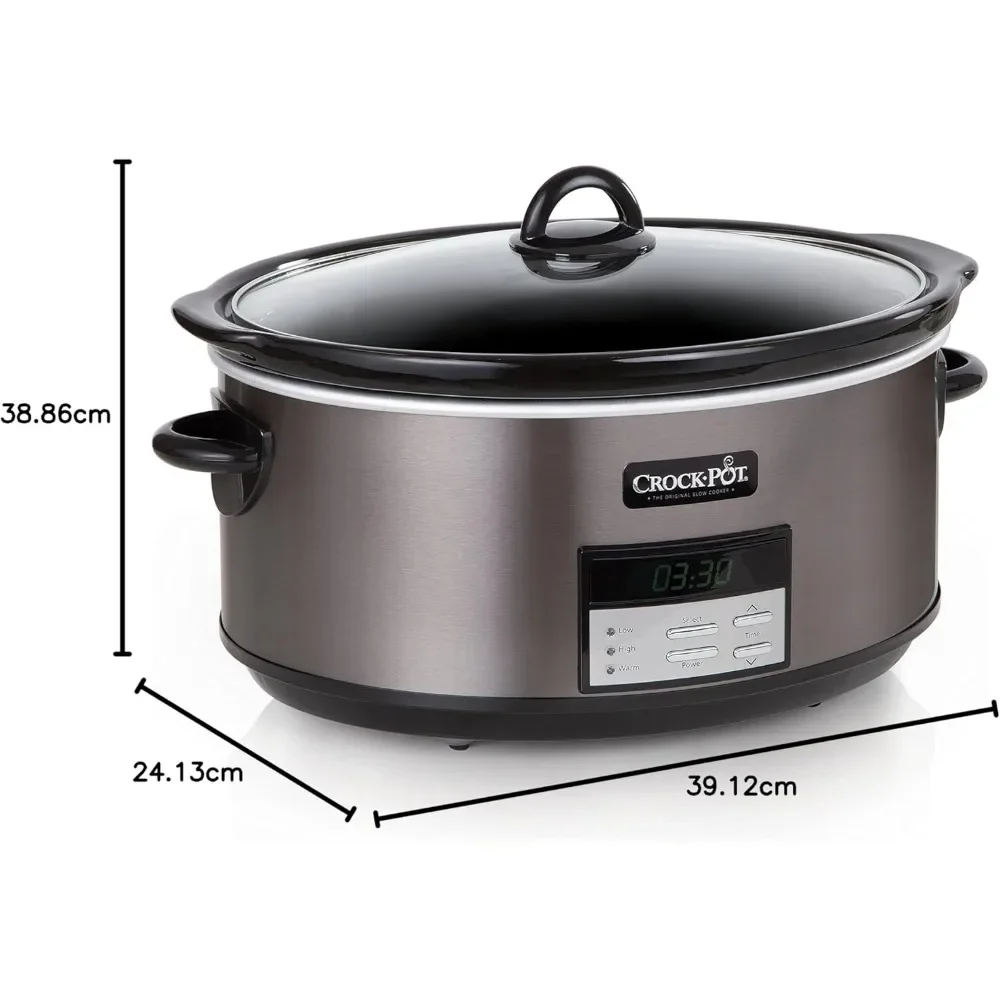 Large 8-Quart Programmable Slow Cooker with Auto Warm Setting, Black Stainless Steel, Includes Cookbook (Pack of 1)