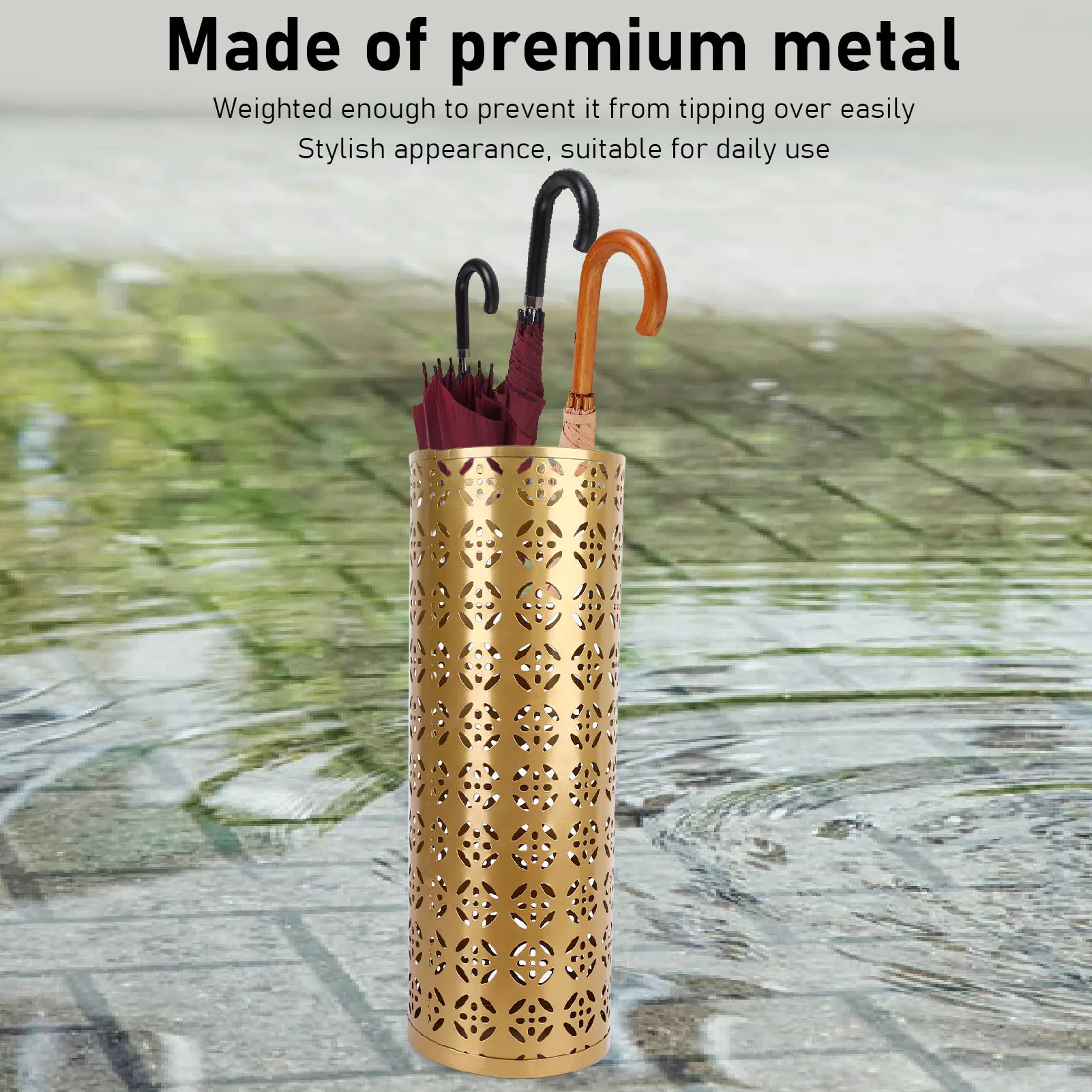 ZK20 Umbrella Holder Round Rust Proof Stylish Hollow Copper Pattern Metal Umbrella Holder Bin for Home Entryway Gold