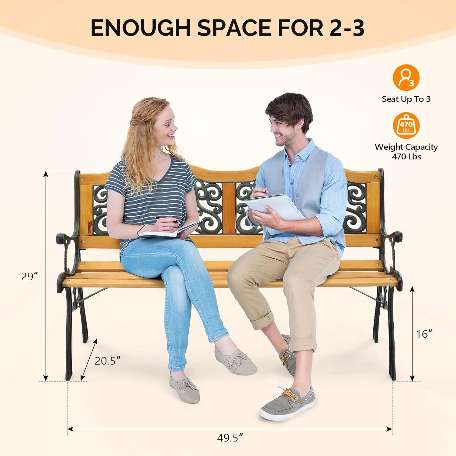 Outdoor Bench Metal Garden Bench Front Porch Bench, Wood Patio Bench w/PVC Backrest Cast Iron Love Seat Park Benches