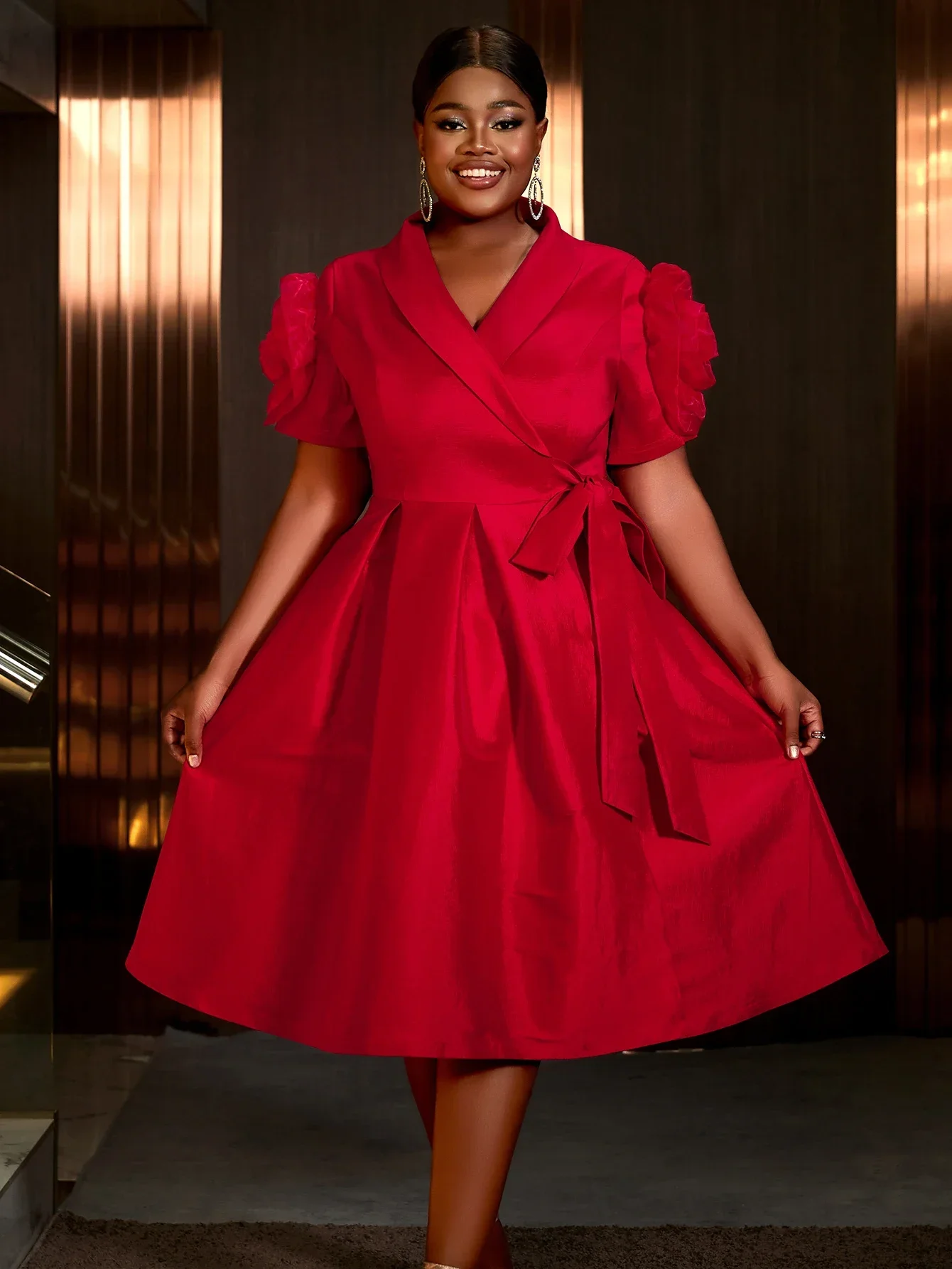 Elegant Red Formal Dress Classy Red Ball Gowns Dress For Women 3D Flower  Short Sleeve V