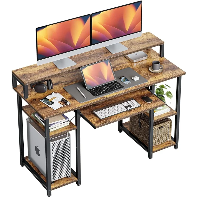 

47 Inch Computer Desk with Storage Shelves Monitor Stand Keyboard Tray, Home Office Desk, Study Writing Table