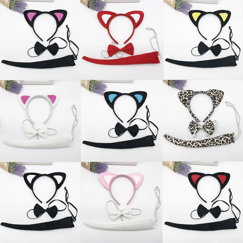 Anime Cat Ear Plush Headband Tail Bow 3pcs/set