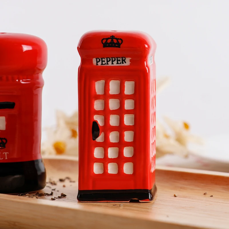 2-Piece Ceramic Spice Jar Set in Telephone Booth and Postbox Shapes Practical Pepper and Sea Salt Jars for Kitchen spice jar,seasoning jar