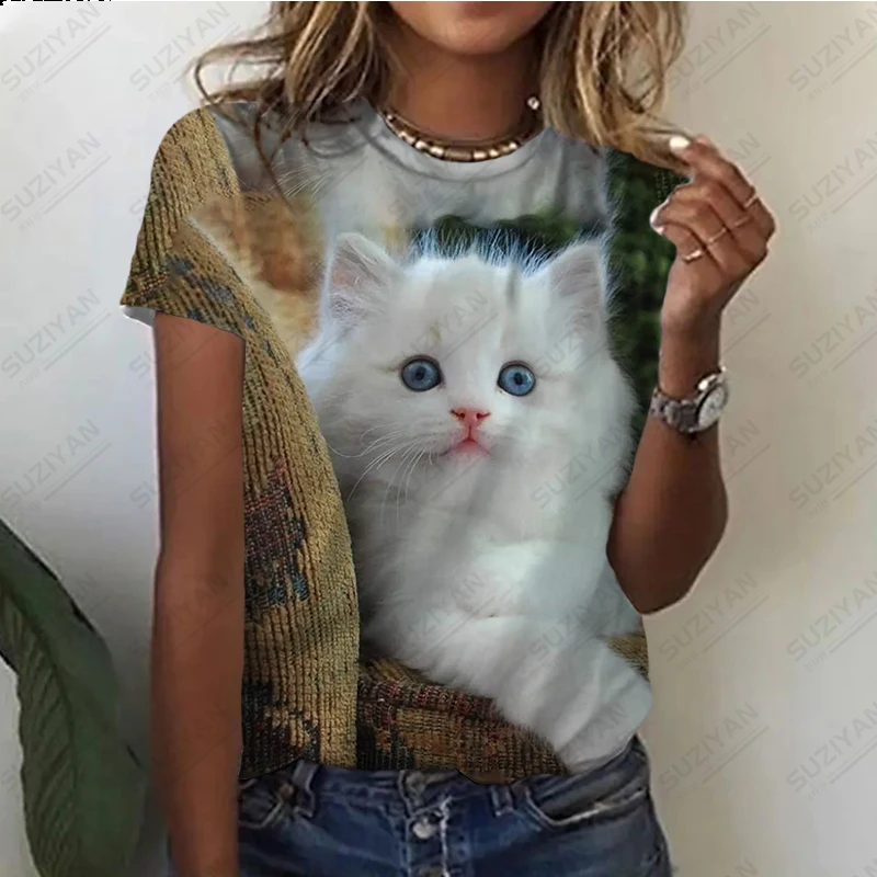 

2023 Women's Summer Hot Sale New Fashion Cute Cat 3D Printed Short Sleeve T-shirt Round Neck Personalized Casual Style Top