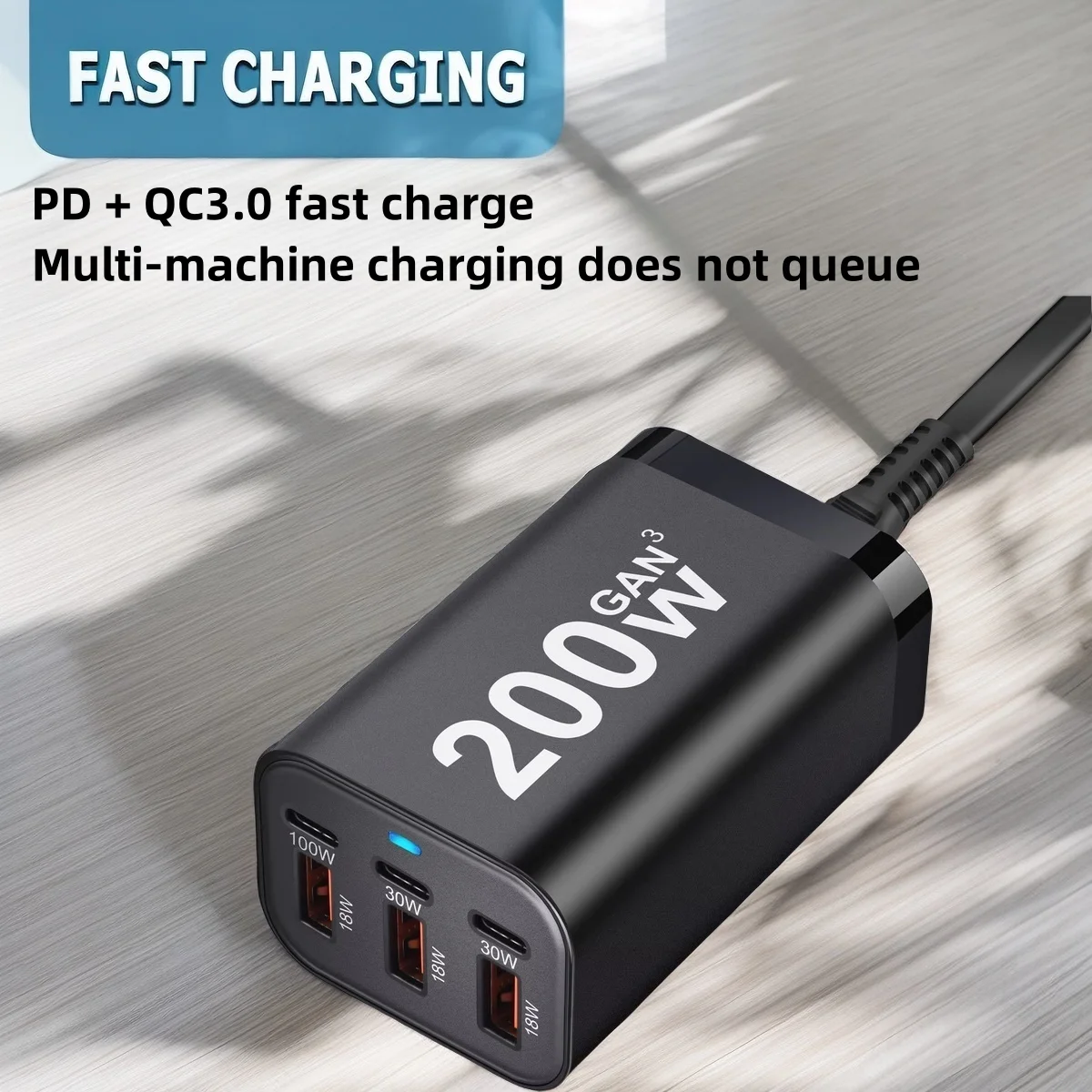 200W 6-Port GaN USB-C Schnellladegerät für Mobiltelefone, Kompatibel mit iPhone & Samsung Serien.