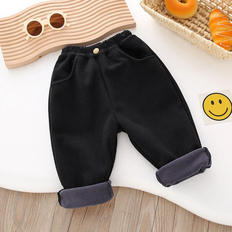 Kids Corduroy Casual Pants Winter 2-7T Solid Color Patch Girls Fleece Padded Trousers Warm Thicken Children Pants 3