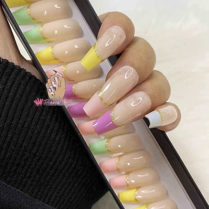 

Glitter Rainbow French Press On False Nail Tips Full Cover Coffin Long Custom Design Nails Manicure Tools