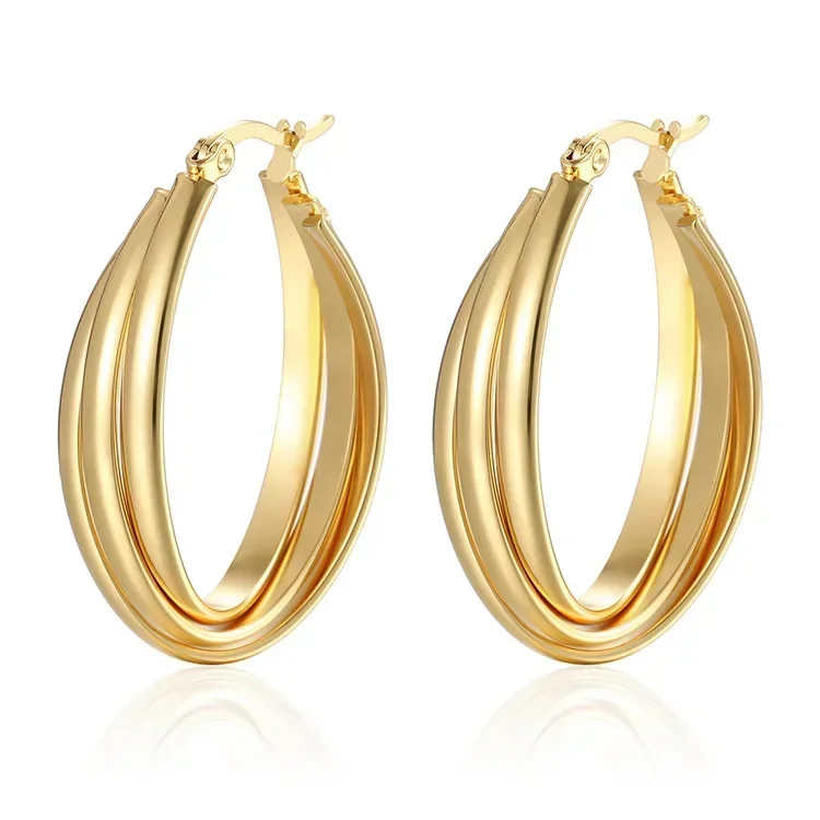 \ Retro Style Stainless Steel Earrings Women Oval Multi Layer Titanium Steel Hoop Earrings Gift