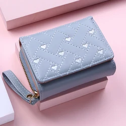 Women's Tri-Fold Embroidered Heart Wallet - Fashionable Minimalist Design (Blue)
