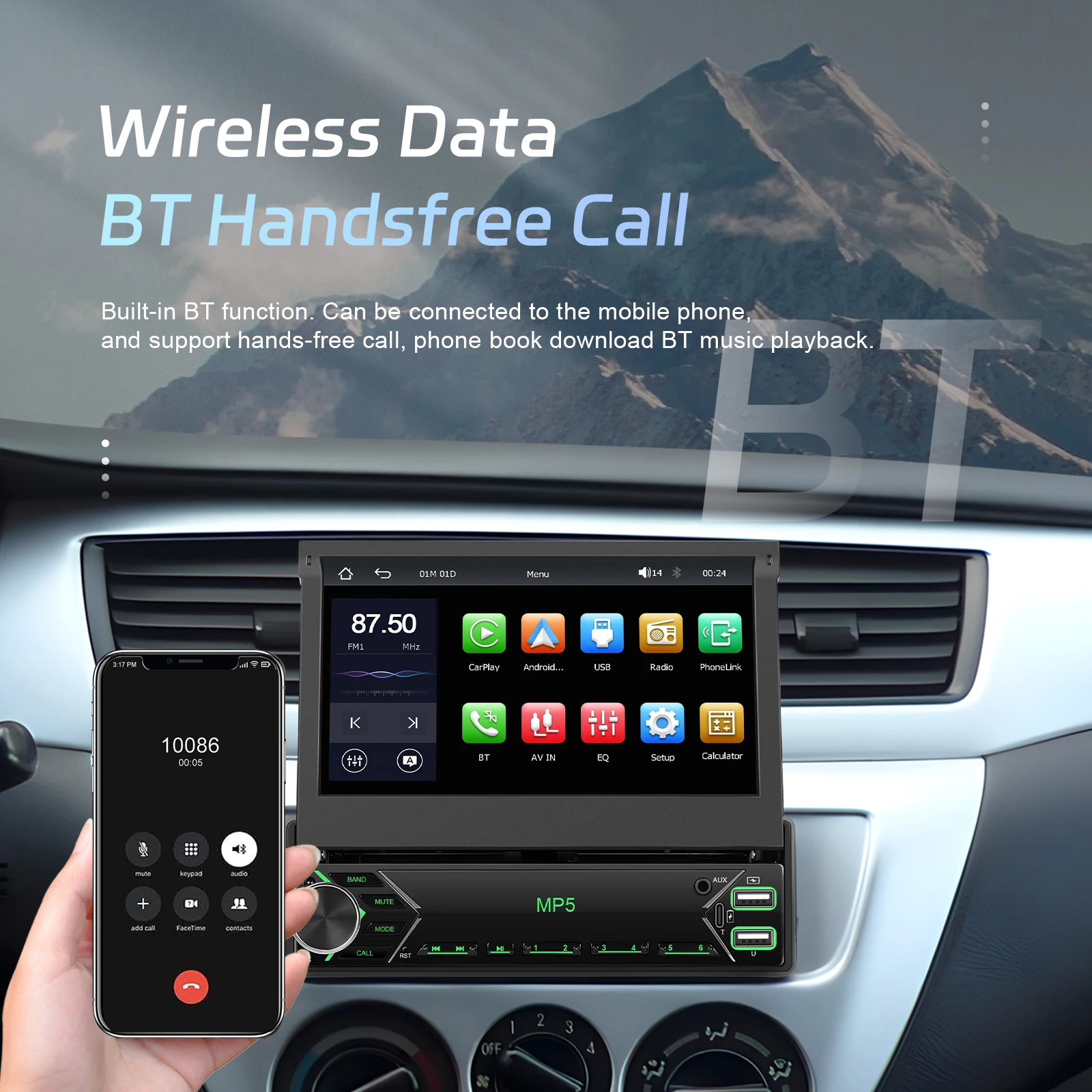 Leekooluu-Radio con cable para coche, reproductor Multimedia con Android, Carplay, pantalla retráctil Manual de 7 pulgadas, 1 Din, MP5, vídeo, Universal 5