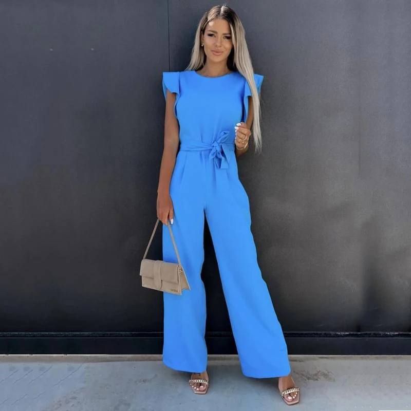 Elegant O Neck Ruffle Sleeve High Waist Belt White Summer Jumpsuit Women 2022 Sweet Office Ladies Straight Pants Casual Playsuit