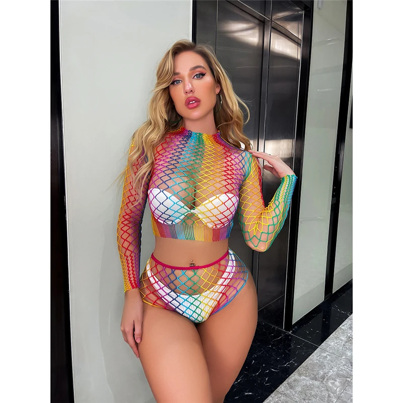 

AIIOU Fishnet Body Sexy Lingerie Strapless Bra Sets Women Rainbow Bra and Panty Set Mesh Underwear Hollow-Out Body Stocking 2022