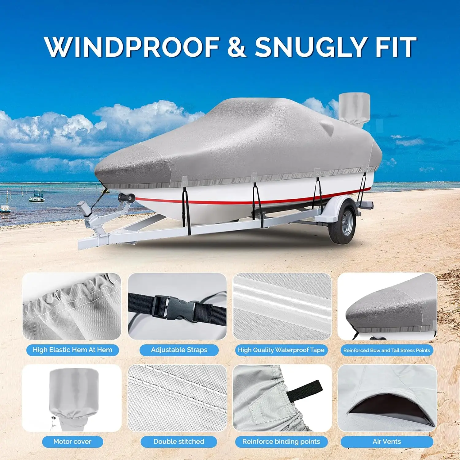 17'-19' Heavy Duty 1200D Polyester Canvas Trailerable Boat Covers, UV Resistant Waterproof Bass Boat Covers with Motor Cover