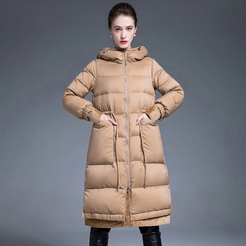 

Winter New Dopamine Corduroy Panel Hooded Down Coat Women's Mid length Thickened Loose Fashion Trend down jacket hooded women