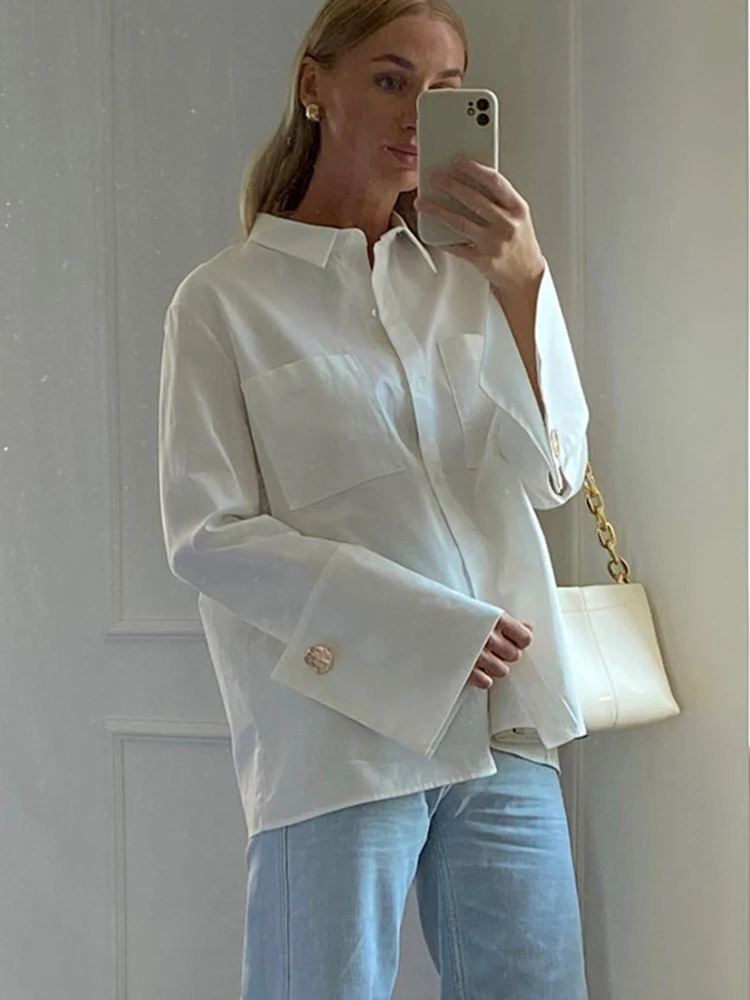 

2023 Summer Autumn Women Elegant Solid White Long Sleeve Shirt Ladies Loose Blouse For Woman