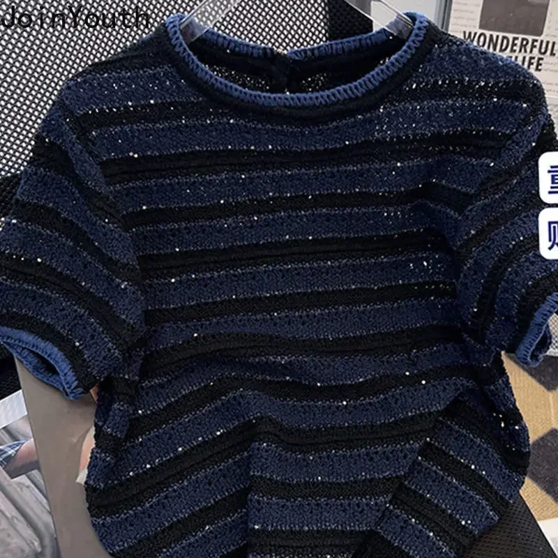 Shirts for Women Knit Tshirts  2025 Ropa Mujer Short Sleeve O-neck Striped T Shirts Y2k Tops Chic Casual Summer Tees Crop Top - 5