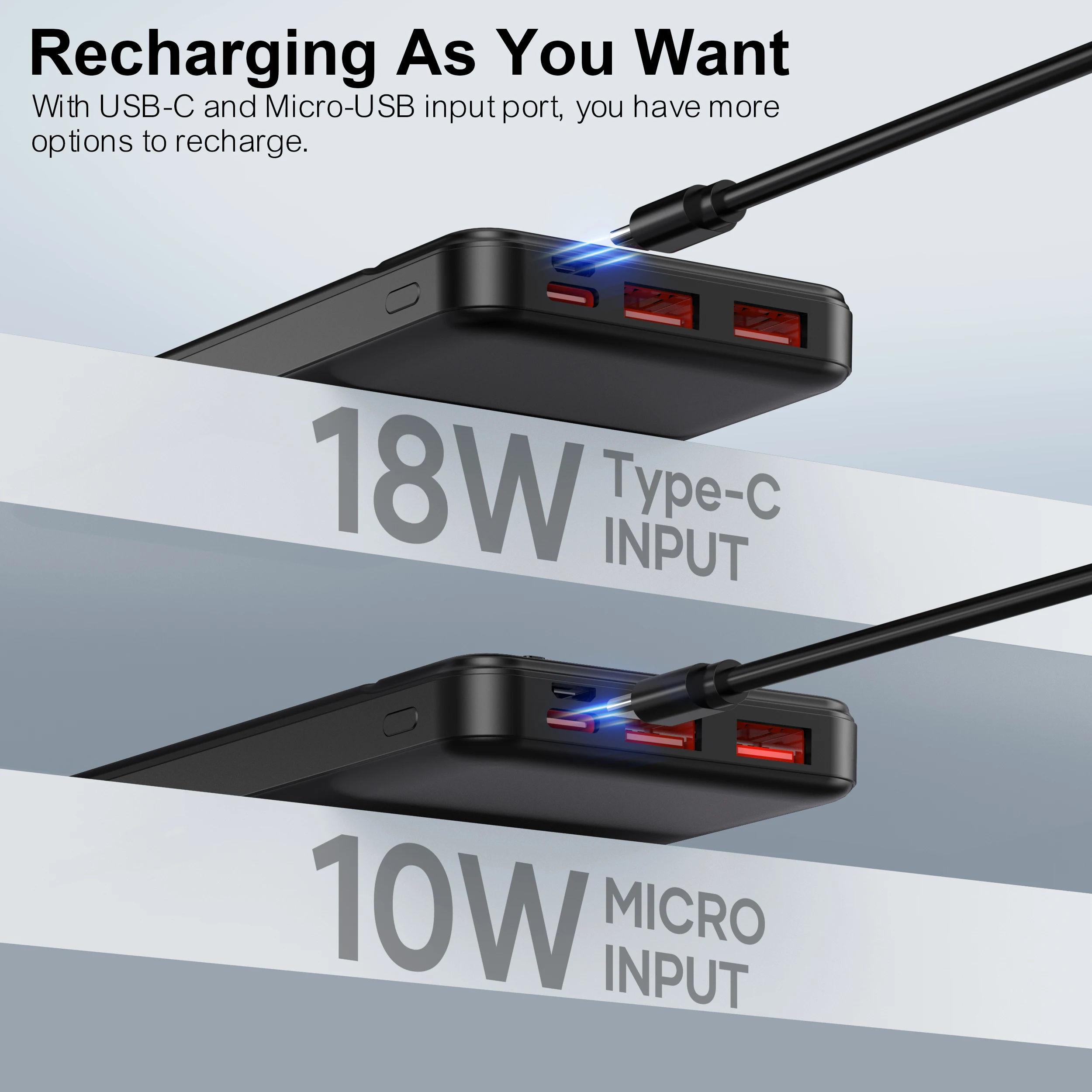 Portable Charger Power Bank 10000mAh, PD 22.5W Battery Pack, Slim Design, 3 Outputs, 2 Input. 4