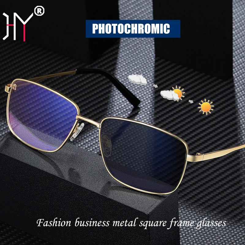 

HUYING Metal Retro Photochromic Reading Glasses Men Women Anti Blue Light Computer Goggles Busines Eyeglasses Square Frame 0-600