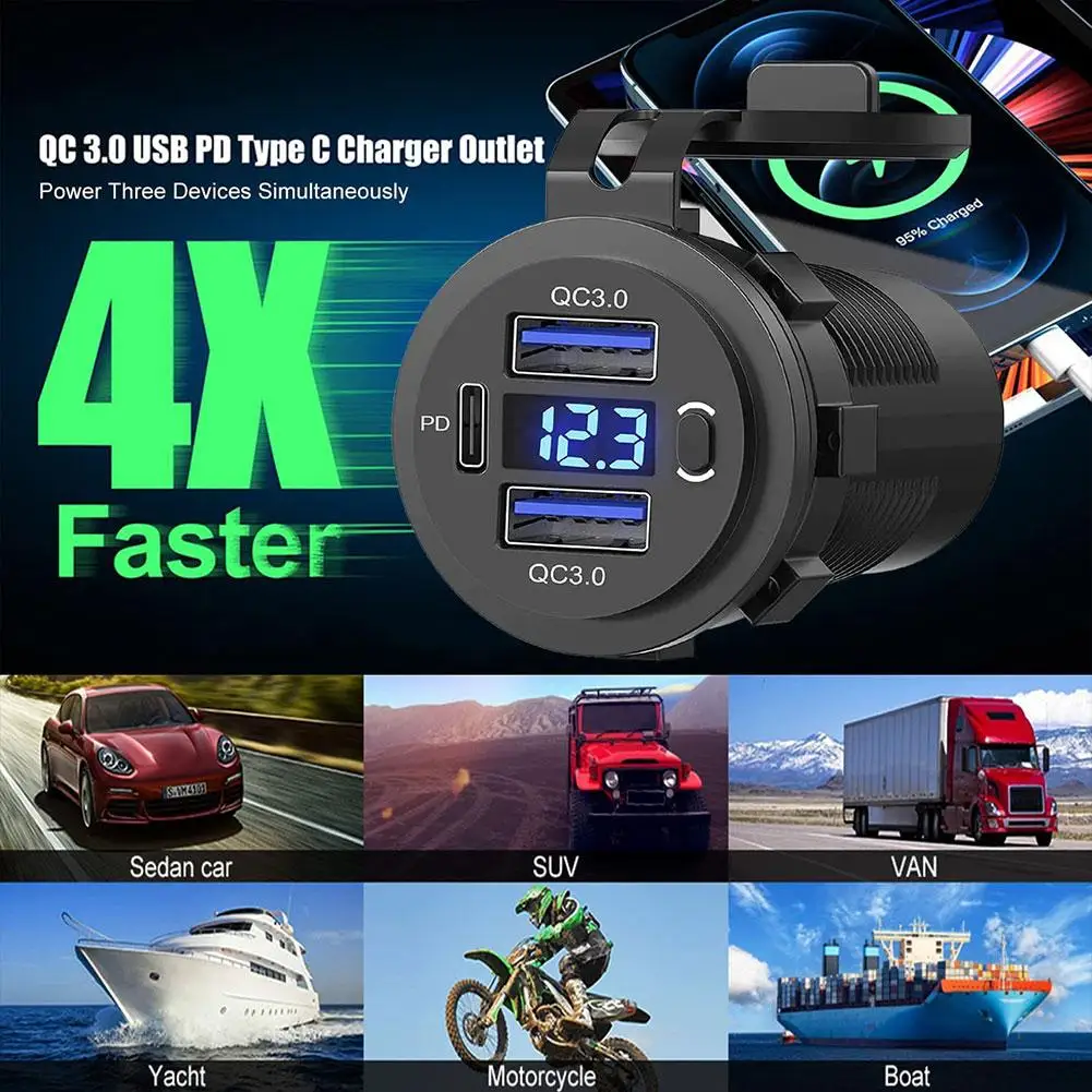 

60W PD Dual QC 3.0 USB Charger with Digital Voltmeter Truck Adapter Power Outlet Motorcycle Socket 24V Waterproof 12V Car S B0E3