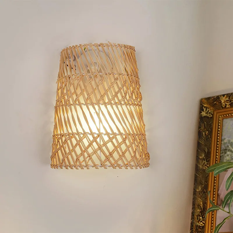Chinese Style Rattan Wall Light Indoor interior wall light Kitchen Bedside Bedroom Living Room Light Sconces For Wicker Wall