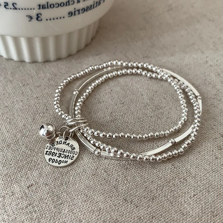 Silver Color Triple Layers Stacked Round Pendant Bracelet for Women Fashion Beads Ball Charm Chain Girls Party Jewelry Present