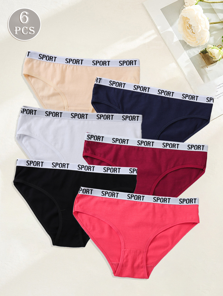 6PCS Sportswear, Daily Yoga, Mid-waist Women's Cotton Panties, Sexy Letter, Seamless, Breathable Women's Triangle Panties.