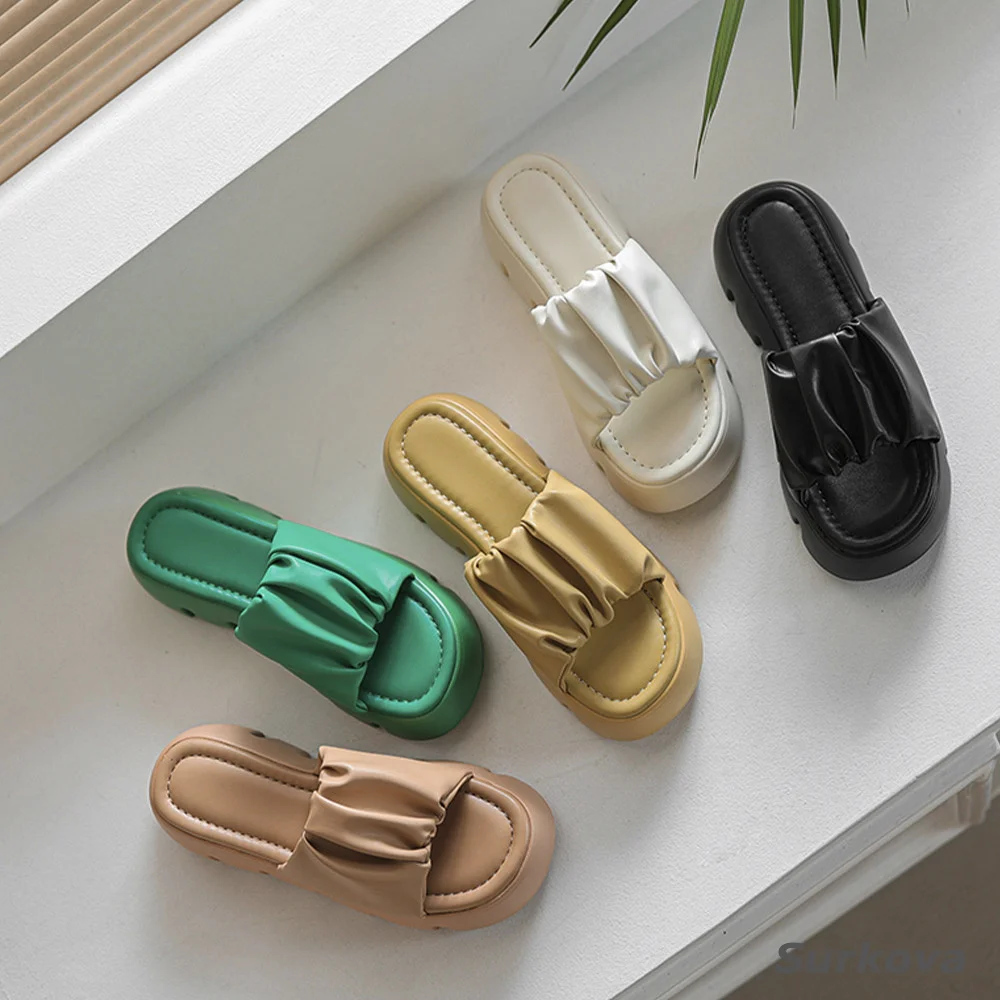 2023 Summer New The New Open-Toe Outer-Wearing Shallow Sandals High Heels Shoes Thick Soles Flat with Shallow Women Slippers Pu