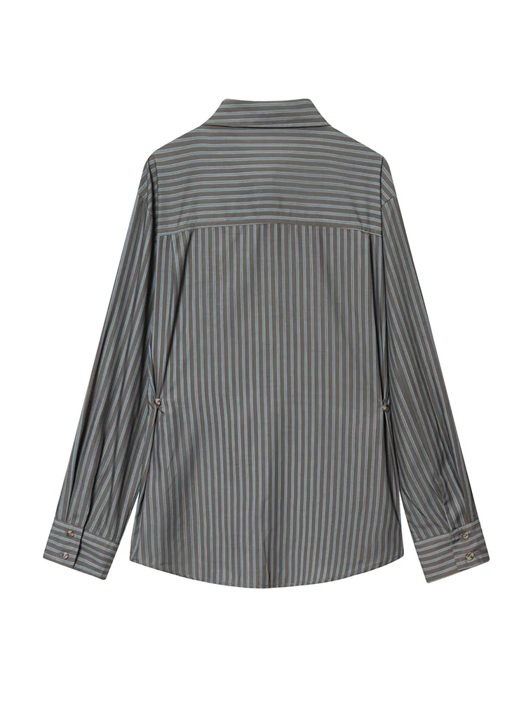 Women Fashion Stripe Printed Shirt New Elegant Lapel Long Sleeve Office Blouses Casual Pockets Decor Blouse Female Clothing