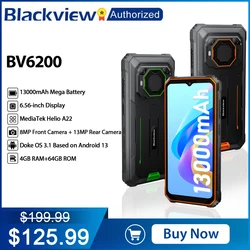 Blackview BV6200 Rugged Phone 4GB 64GB Andriod 13 Helio A22 Mobile 6.56'' Waterproof Cellphone 13MP Camera 13000mAh 18W Charge