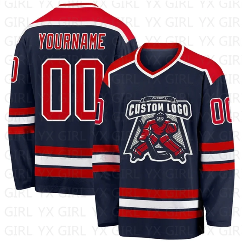Maglia Da Hockey Personalizzata Rosso-Bianco Navy Stampa 3D Nome Numero Youth Women Men Hockey Jersey Maglie Da Allenamento Da Competizione