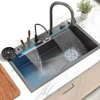 Black Kitchen Sink Twin Waterfall Kitchen Sink 31.5" Stainless Steel Single Bowl Sink with Faucet, Modern Honeycomb Nano 1