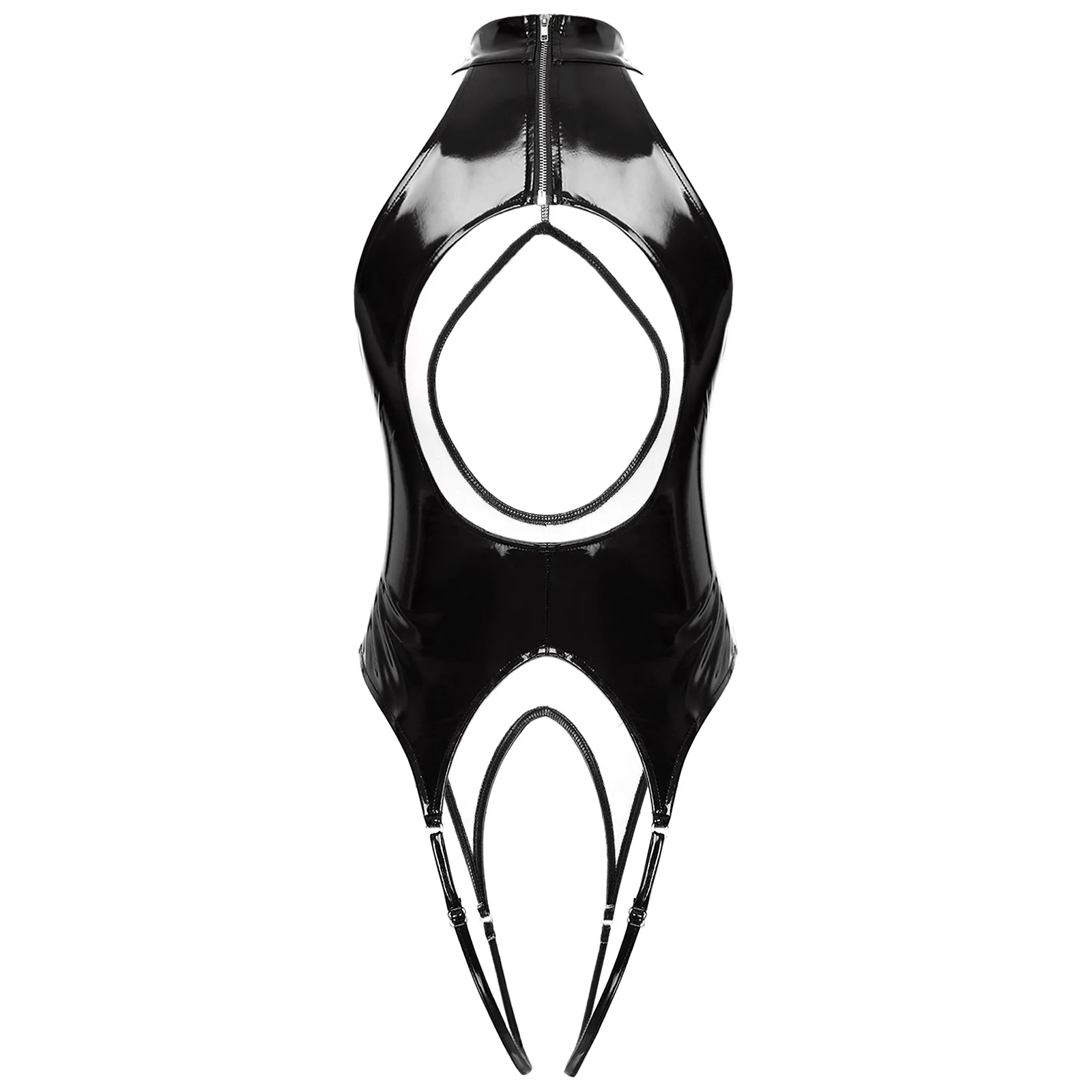 Womens Wet Look Patent Leather Open Crotch Bodysuit Mock Neck Sleeveless Tempting Cut Out Crotchless Catsuit Jumpsuit Nightwear women bodysuit