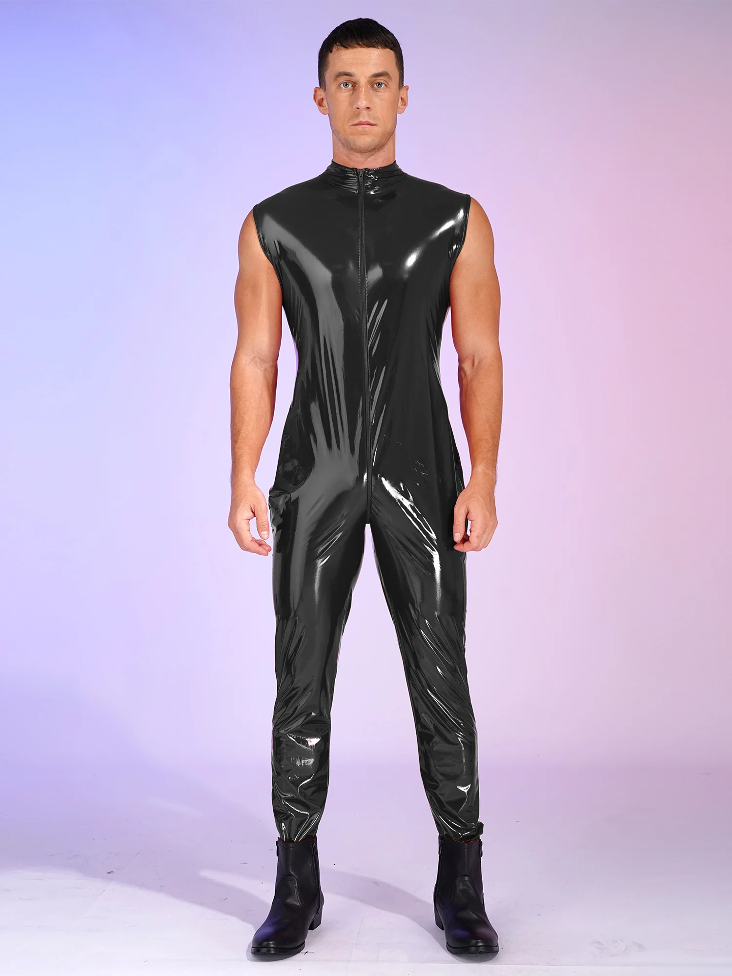 Mens Nightclub Performance Pole Dance Costume Zipper Crotch Catsuit PVC Leather Full Body Skinny Leotard Bodysuit Jumpsuit 5XL