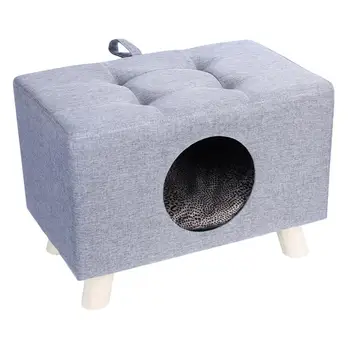 Cat Nest, Pet House Bench, Wood Pet House Cat Cave with Mat, Pet House Foot Rest Stool with Cushion, Cube for Cats and Small Dog 1