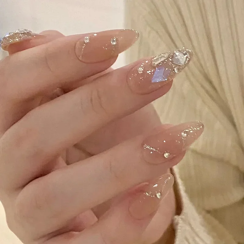 French False Nails Press on Nails Full Cover Rhinestone Butterfly Design Cat Eye Bow Almond Wearable Fake Nail Art 24Pcs