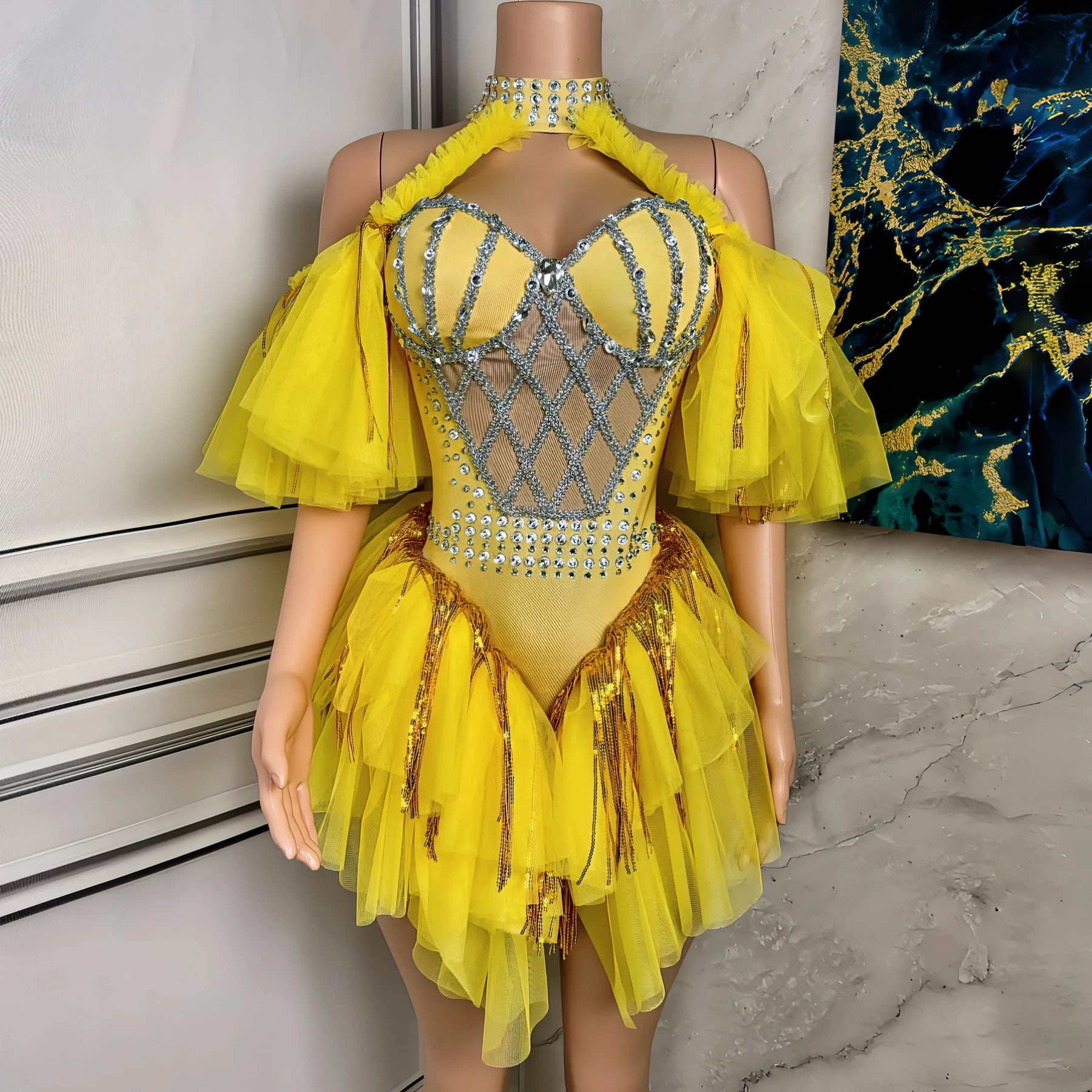 

Соблазнительное Сетчатое боди с блестками и кисточками с открытыми плечами, вечерний костюм для выступлений, одежда для бара, ночного клуба, певицы, танцора, сценическая одежда