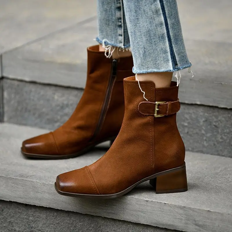 

Square Heel 5 cm Ankle Boots Retro Style Winter Shoes Woman Square Toe Cowhide Vintage Shoes Spring Autumn Botas Buckle Boots