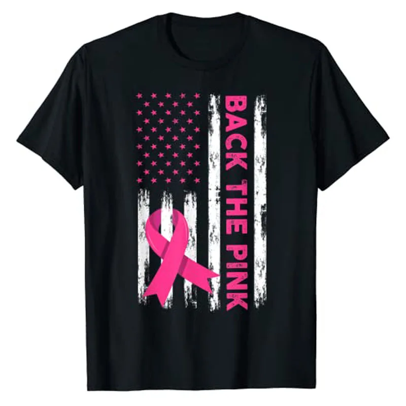 

Back The Pink Breast Cancer Awareness Pink Ribbon T-Shirt USA American Flag Print Graphic Tee Tops Basic Cotton Outfits Gifts