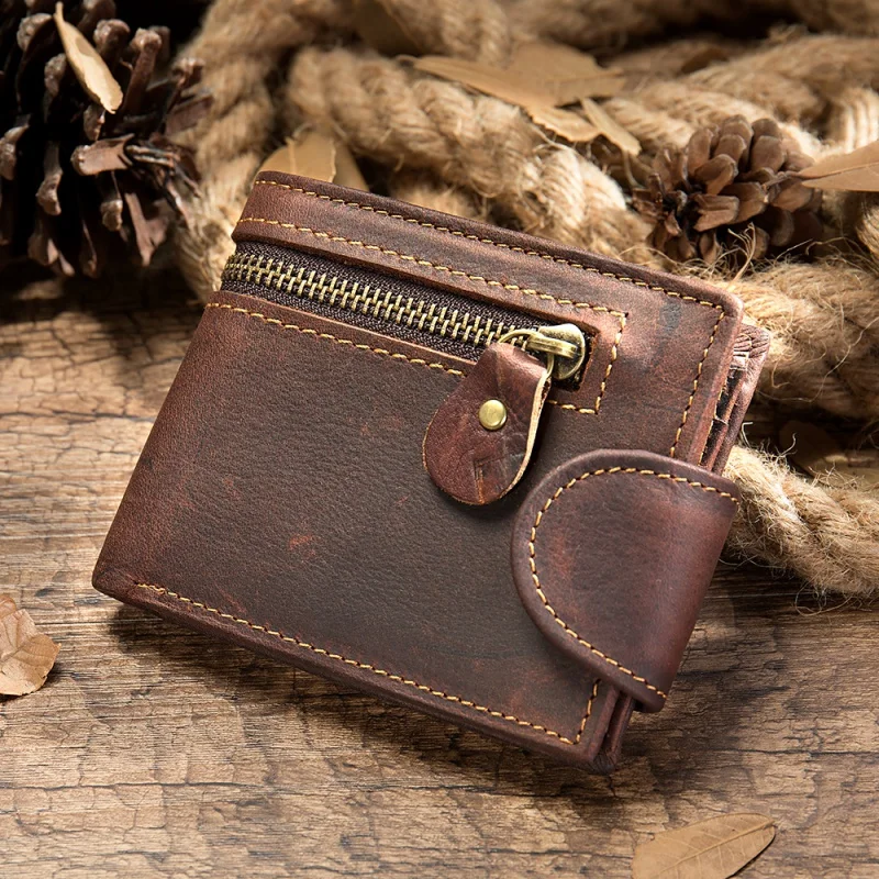 Vintage Genuine Leather Men s Short Wallet Crazy Horse Leather Coin Purse Large Capacity Card Holder