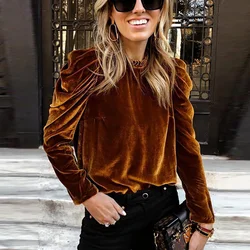2022 Purple Velvet Shirt Blouses For Women Elegant O Neck Autumn Long Sleeve Shirts For Women Fashion Office Lady Tops