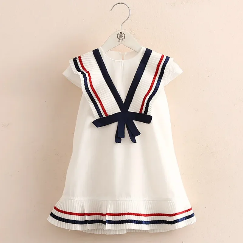 2024 New Summer 3 4 5 6 7 8 9 10 12 Years Child Preppy Style White Cotton Color Patchwork Bow Pleated Dress For Kids Baby Girls