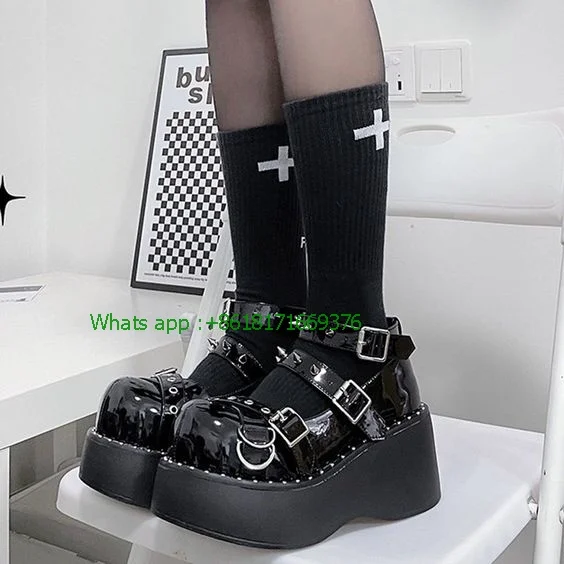 

Platform Lace up Rivet Bowknot Rock Shoes Leather Round Toe Buckle Mary Jane Shoes Ladies Luxury Dunk Goth Punk Lolita Shoes