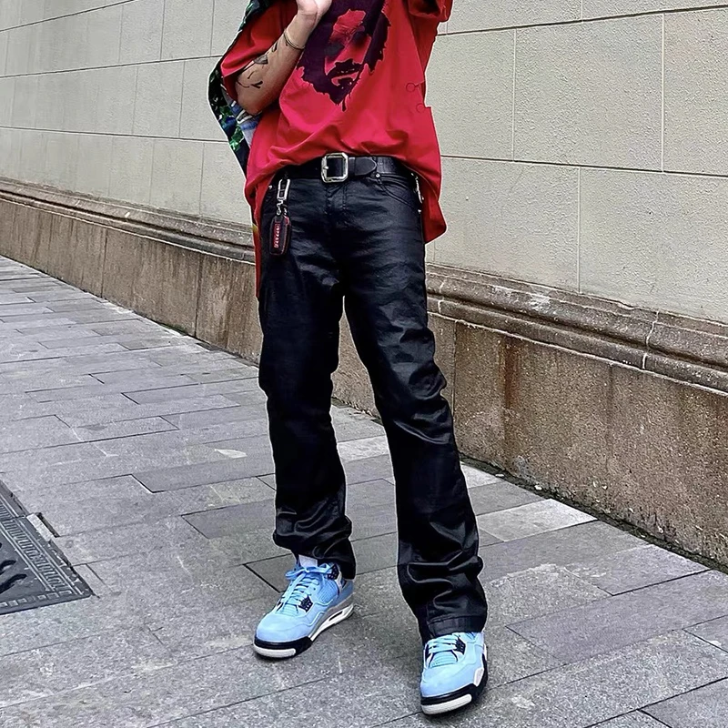 Streetwear Black Wax Pu Leather Pants for Men Straight Pantalones Hombre Baggy Y2k Cargo Trousers Oversized Casual Overalls