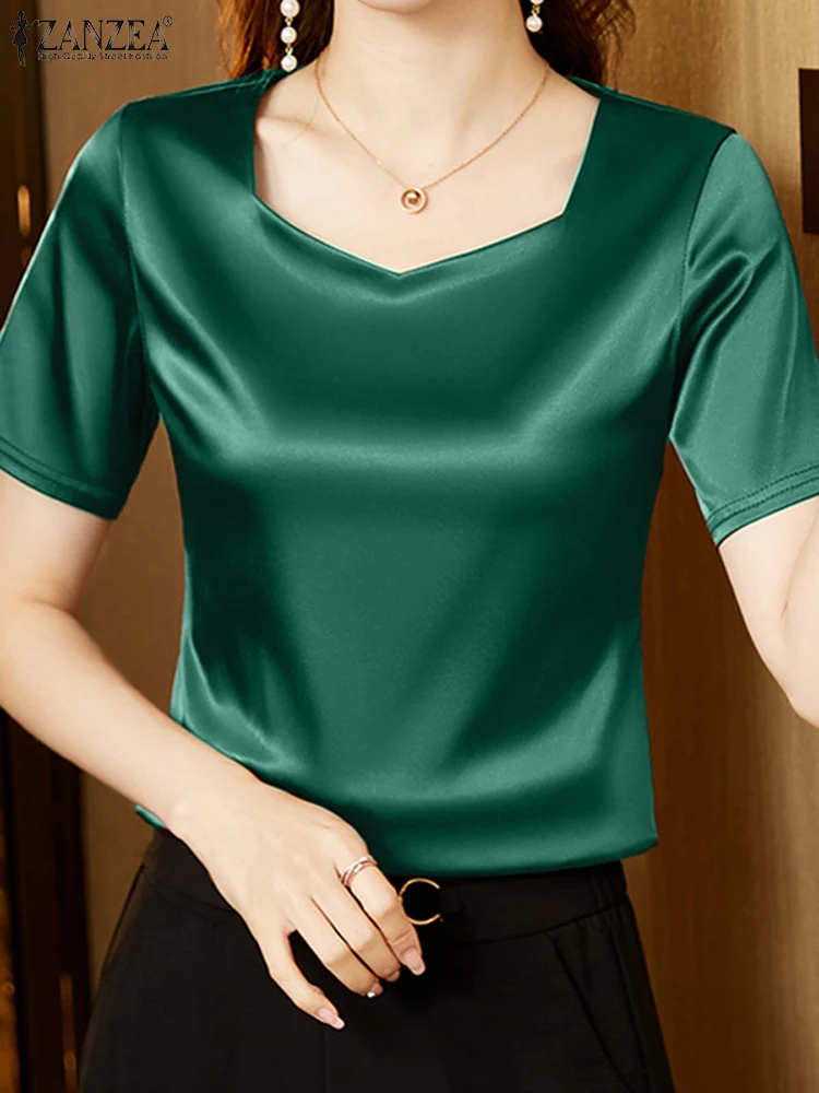 ZANZEA 2024 Summer Short Sleeve Blusas Solid Color Elegant Peach Heart Collar Office Wear Tops Tunic Casual Women Satin Blouses