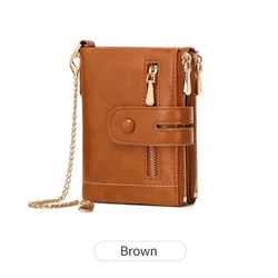 Elegant Women's Double Zipper Trifold Wallet with Detachable Card Holder (QB352 - Brown)