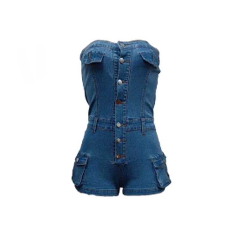 Women One-line Collar Sleeveless Denim Jumpsuit Shorts Fashion Casual 3D Pocket Rompers Female Single-breasted Splice Playsuits